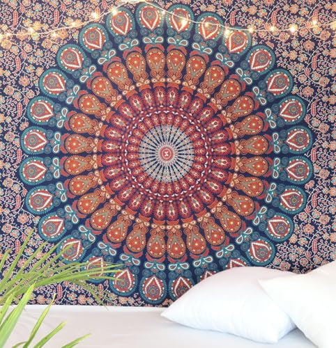 Original Kikan Indian Tapestry Mandala Wall hanging Bohemian Decor Bedspread Multi Coloured Cotton Hippie Boho Gypsy Sheet Hand printed (PINK, twin)