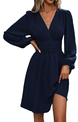 LIAMERHE Women's Winter Midi Dress A Line V-Neck Wrap Long Sleeve Sundress Ladies Casual Elegant Autumn Solid Dress with Lantern Sleeves Navy Blue XL