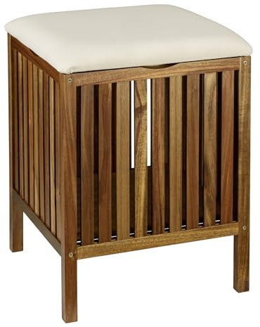 WENKO Bad- & Wohnhocker Mod. Fondi aus massivem Akazienholz mit abnehmbarem Deckel und beigem Sitzpolster Maße 39 x 52 x 39 cm Farbe Braun Beige