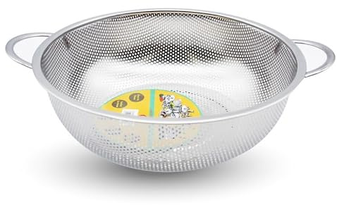 STL Steel Colander with Double Handles 31.5cm, Micro-Perforated for Draining Pasta, Rice, Fruits, Vegetables, Dishwasher Safe Kitchen Strainer, Metal Food Filter, Easy to Clean and Durable