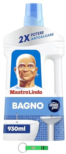 12 X Mastro Lindo Detergente Liquido Bagno – Detergente liquido per il bagno – Rimuove residui di sapone e depositi di calcare, pulizia del bagno 930 ml + portachiavi Beni Culinari