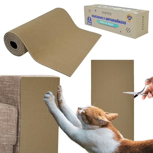 PEPPER® Alfombra Rascador para Gatos 40x200cm + Pings de Fijación + Juguete + Tijeras | Protector Sofa Gatos Arañazo | Ideal para Evitar Arañazos en Sofás y Muebles | Tapete Autoadhesivo (Beige)