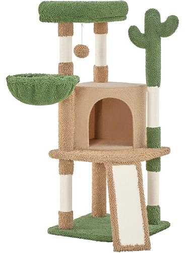 Yaheetech Árbol Rascador para Gatos en Forma de Cactus con Plataforma de Observación Cueva y Troncos de Sisal 42,5×42,5×106,5 cm Marrón y Verde