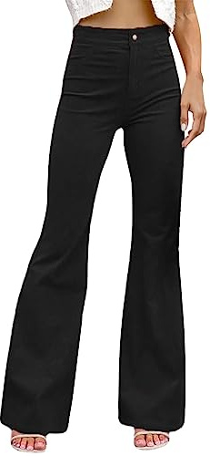 Utsvängda manchesterbyxor för kvinnor vardaglig hög midja bootcut sladdbyxor höst vinter mode stretch manchesterbyxor bootcut jeans plusstorlek bjällra byxor med breda ben, Svart, XL