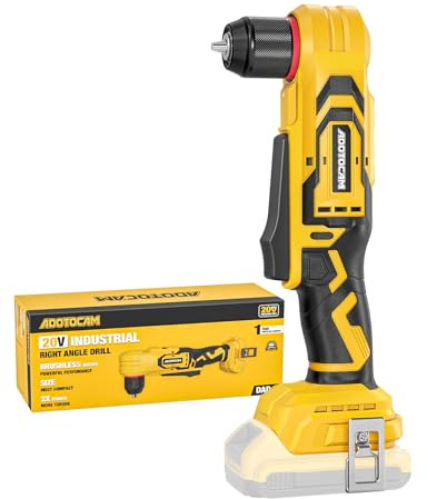ADOTOCAM Taladro de ángulo recto sin escobillas para batería DeWalt de 20 V (solo herramienta), taladro angular inalámbrico de 3/8 pulgadas con diseño compacto y velocidad variable, con una luz LED