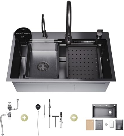 SIRHONA Evier Cuisine Multifonction 75 X 45 cm avec Robinet rétractable | Bac d'égouttage panier d'égouttage Rinceur de verre planche à découper évier cuisine Accessoires d'évier complets