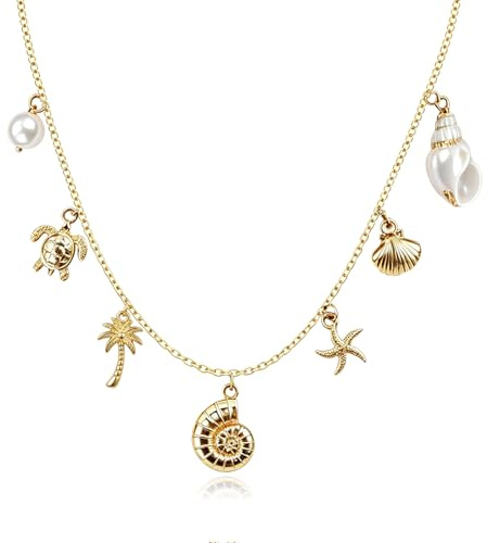 Collana Conchiglia con Perle/Palme/Stella Marina/Tartaruga Marina, Collana Conchiglia Oro, Collanas Donna Oro, Squisita Collana Estiva da Spiaggia per Spiaggia, Vacanze, Uso Quotidiano, Regalo