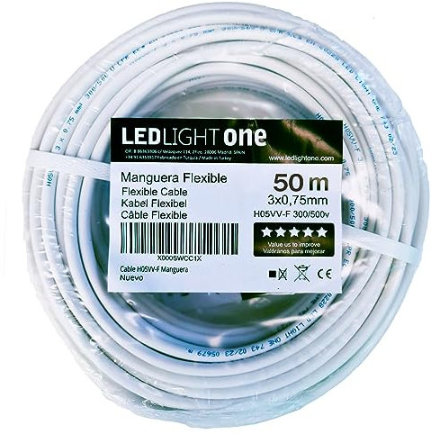 Led Light One Kabel H05VV-F Schlauch, 3 x 0,75 mm, 50 m (weiß), Betriebsspannung: 500 V, maximale Arbeitstemperatur 70 °C. Kabel für feste und mobile Installationen in Wohnräumen und Büros.