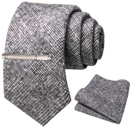 JEMYGINS Cravate Homme Rayures noires et blanches en Laine Coton Laine et Pinces à cravate et Carre de poche Emsemble
