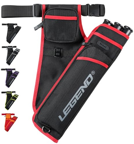 Legend First Archery Quiver Case for Arrows - Right Handed Target Shooting Hip Quivers with Adjustable Belt & 3 Arrow Tubes - Durable T-Slot & Storage Pockets for Accessories & Score Card - Black/Red