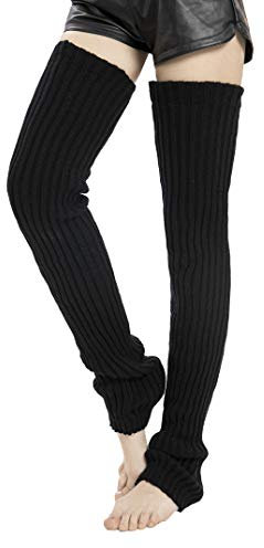 Leotruny Women's Winter Thick Knit Extra Long Thigh High Leg Warmers, C01-black, Medium