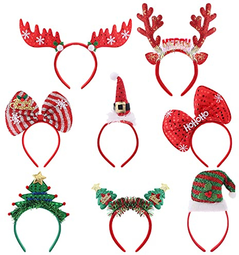 8 Pieces Christmas Headbands for Kids Adults Christmas Hats Reindeer Antler Xmas Tree Head Hat Toppers Costume Headbands for Christmas Holiday Parties, Annual Holiday, Photos Booth