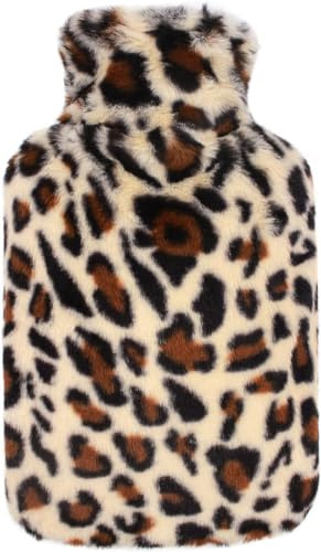 OWOZOI Botella de Agua Caliente con Cubierta de Mano,2L Natural Goma Botellas,Suave Felpa Funda,Aliviar el Dolor,Espalda,Hombros,Cuello,Calentador de Manos,Mujer Regalo (Leopardo)