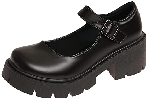 rismart Mujer Plataforma Mary Jane Punta Redonda Tacón Grueso Correa Tobillo Lolita Cosplay Zapatos (Negro,37 EU)
