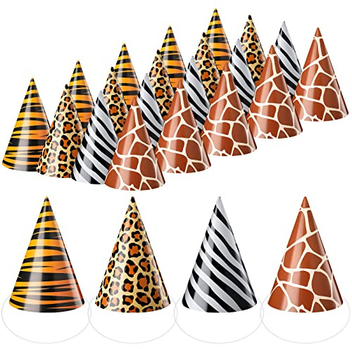 Spiareal 24 Pieces Safari Party Hats Jungle Animal Safari Theme Cone Paper Hats for Kids Zoo Birthday Party Supplies Favor