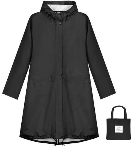 ANYOO Damen Regenjacke Regenmantel Wasserdicht mit Kapuze, Leichter Lange Regenponcho Windbreaker Regenbekleidung, Schwarz,Einheitsgröße