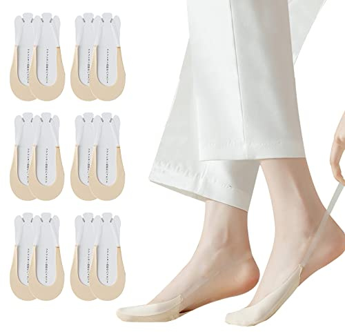 Caudblor Calcetines Invisibles Mujer Algodón, Negro Beige Gris, 37-40 | 6 pares Toe Gorra, Con Silicona Antideslizante