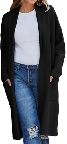 L9WEI Chaqueta para mujer, otoño invierno, cárdigan largo para mujer, monocolor, frente abierto, de punto, manga larga, abrigo con bolsillos, cálido, Negro , XXL