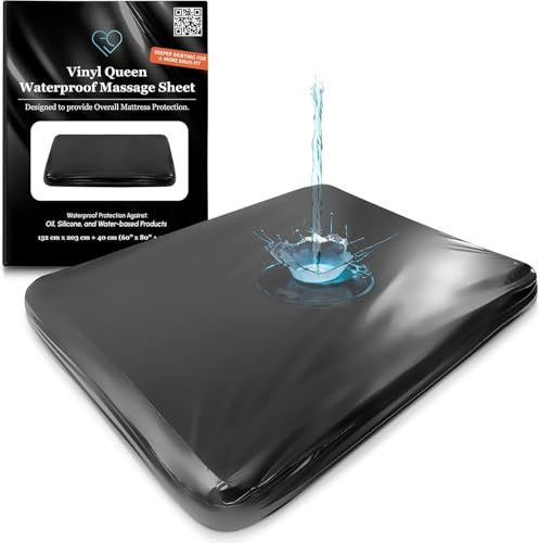 Drap-Housse de Massage imperméable en Vinyle Noir avec Poche latérale | Protège-Matelas, Couvre-lit pour Massage Nuru - Huile, à Base d'eau, sans Silicone | 152 cm x 203 cm + Poche Profonde de 40 cm