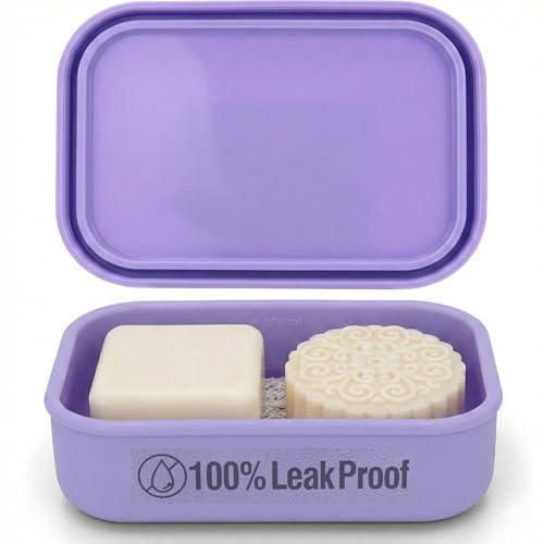 Enhanced Leak Proof Travel Soap Case, AIMAIAIMAI Silicone Soap Container with Draining Layer, Portable Bar Soap Holder for Bathroom, Camping, Gym, Easy to Clean (Light Purple)