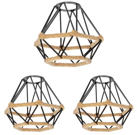 ledscom.de 3 Stück Käfig Lampenschirm mit Hanfseil, Diamant, schwarz, 155mm Ø