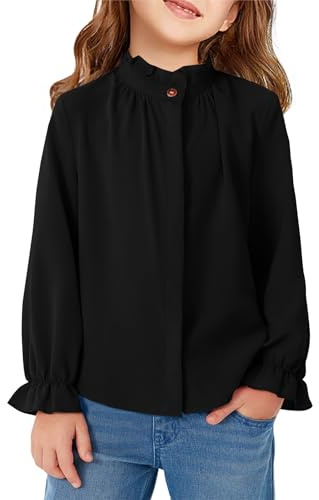 Haloumoning - Blusas de manga larga con frunces para niñas, con botón, cuello abotonado, camisa infantil bonita, Negro , 10-12 años