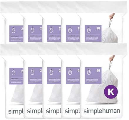 simplehuman Code K 200 Count Custom Fit Liners, Drawstring Kitchen Trash Bags, One-by-One Mess-Free Dispense, Extra Thick & Double Seamed, 50% PCR Plastic, 30-45 Liter / 8-12 Gallon, White