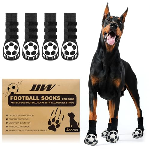 Calze Antiscivolo per Cani JIW - 4 Paia con 3 Cinture Regolabili - Proteggono Pavimento, Prevenzione Leccato, Resistono Caldo/Freddo - Design Doppia Faccia Antiscivolo