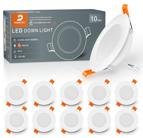 DUSKTEC LED Einbaustrahler 230V, LED Spots Deckenspots Flach 7W Warmweiß, IP44 Einbauleuchte Decke für Bad, 68-90mm Lochmaß, Einbauspots für Badezimmer Küche Wohnzimmer, 10er Set