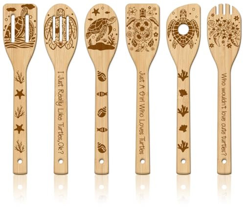 GLOBLELAND 6Pcs Sea Turtles Wooden Spoons Utensil Set Animal Flowers Bamboo Carving Kitchen Cooking Utensils Wooden Engraved Cooking Spatula Set for Kitchen Fun House Mother Friend Women Warming Gift