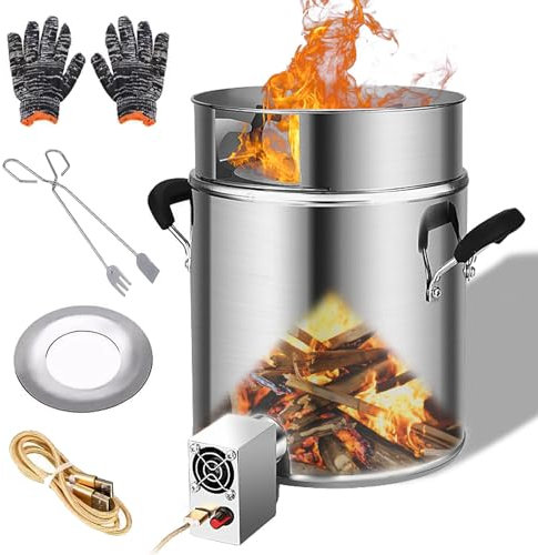 Raketenofen, Holzofen für Dutch Oven Edelstahl Feuertonne Zeltofen mit Brennholzzange Windschutz und USB Gebläse BBQ Rakete Feuerstelle Outdoorküche Campingkocher Rauchfrei Ofen für Camping