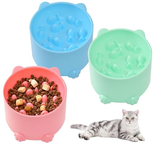3 Piezas Gato Alimentación Lenta, Comedero Gato Elevado, Comedero Perro Antivoracidad, Cuenco Anti Cabestrillo Gato, Azul/Rosa/Verde Comedero Lento para Mascotas Adecuado para Gatos y Perros Pequeños