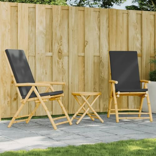 Homgoday 3-TLG. Bistro set hopfällbar med mörkgrå kudde bambu bistro-set, trädgårdsbord med stolar, balkongmöbler, sittgrupp, trädgårdsset för trädgård, balkong bordslängd 45 x 45 cm