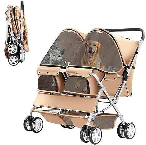 Joyfultails Passeggino doppio per animali domestici, passeggino pieghevole per 2 cani e gatti, borsa per il trasporto a due posti, Twin Dog Walk Jogger, passeggino da viaggio con vano portaoggetti