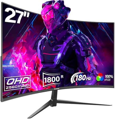 Gawfolk 27 Zoll Curved Gaming Monitor QHD 180Hz, PC Bildschirm Gebogen 2560X1440P, Rahmenloses 1800R Computerbildschirm unterstützt VESA, DP, HDMI