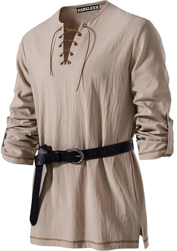 PARKLEES Men's Medieval Viking Pirate Costume Vintage Renaissance Halloween Shirts Khaki Medium