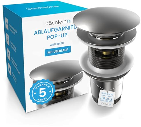Bächlein Universal avloppssats med bräddavlopp (antracit) – popup-ventil för tvättställ och handfat – avloppsventil av mässing med installationsinstruktioner