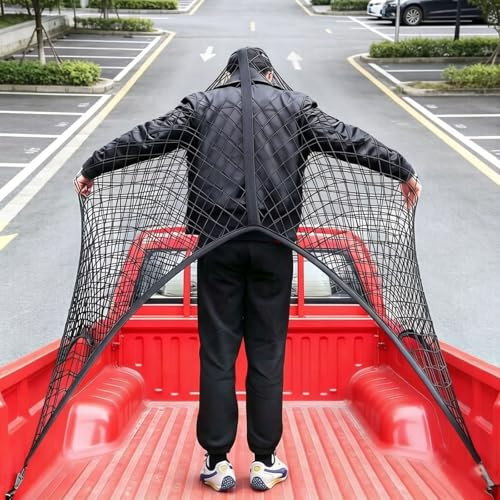 Heavy Duty Stretchable Mesh Cargo Net 4'×4' Expands to 7'×7', Luggage Boot Organiser with 8 Metal Hooks for Pickup Truck Bed, Car Boot, Campervan, Motorhome & Van Storage