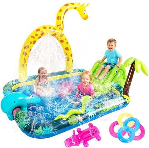 Inflatable Jungle Animal Play Center, Inflatable Water Park Kiddie Pool with Slide, Water Sprayer for Summer Outdoor Splash, Backyard and Garden 102.5 x75 x 54.5