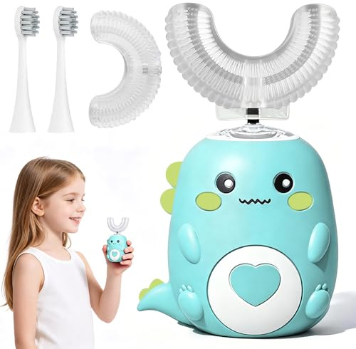 Afenau - Spazzolino elettrico a ultrasuoni a 360°, per bambini, con 2 testine in silicone a forma di U e 2 testine, spazzolino elettrico per bambini da 2 a 12 anni (verde)