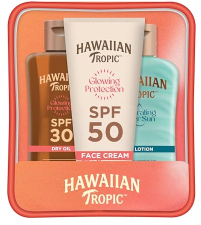 Hawaiian Tropic Glowing Protection Mini Trio, Solskydd Torr Olja SPF 30 (75 ml), Fuktgivande After Sun Lotion (60 ml), SPF 50 ansiktslotion (50 ml), komplett solskyddsset