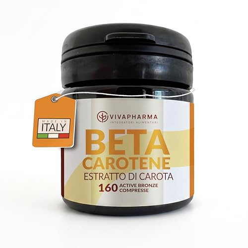Betacarotene per Abbronzatura Forte con Rame e Biotina, 160 Compresse (1 al Giorno), Attivatore Acceleratore, Beta Carotene da Estratto di Carota, Sostiene Pelle e Vista - Scorta 5 Mesi, Made in Italy