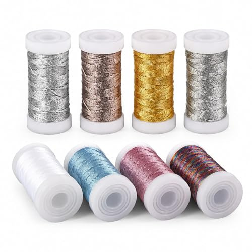 INNAL 8 Rollos de Hilo Dorado Metálico de 400m para Manualidades Macramé | Hilo Brillante 0,4mm x 50m Hilos Pulseras (8 Colores) para DIY Artesanía