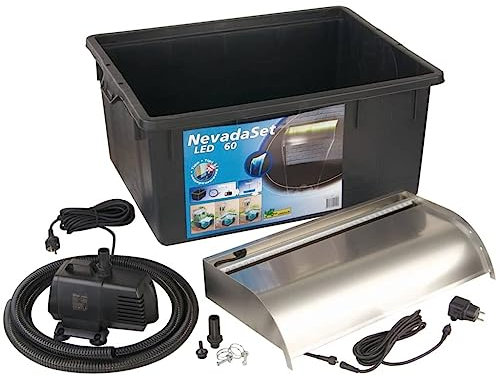 Ubbink Wasserfall-Set Nevada 60cm mit LED-Beleuchtung Edelstahl Teichzubehör Wasserfall-Element Pumpe Schlauch Wasserspiel Teich Wasserfall