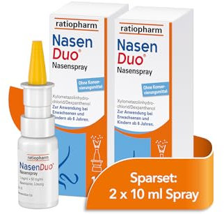 NasenDuo Nasenspray im Sparset 2 x 10 ml von ratiopharm. Stark zum Schnupfen, sanft zur Nase. Abschwellendes Nasenspray mit 2-fach-Wirkung: Befreit die Nase und fördert die Wundheilung
