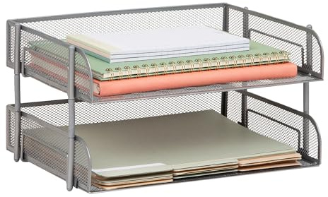 Mind Reader Stackable Paper Tray, Desktop Organizer, File Storage, Office, Metal Mesh, 13.5 L x 10 W x 7.25 H, 2 Pcs., Silver