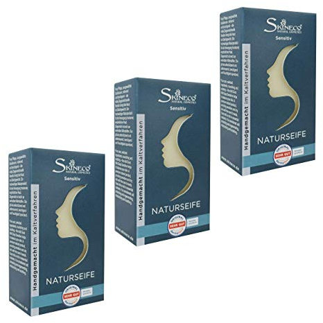 Skineco Sapone naturale sensibile – 3 saponi resistenti al latte di capra – gel doccia solido – sapone per la pelle secca e sensibile, sapone per il corpo, cosmetico naturale fatto a mano, morbido