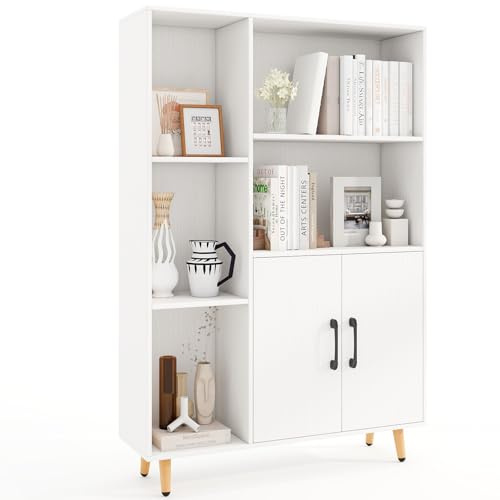 COSTWAY Wooden Bookcase, Free Standing Sideboard Storage Cabinet with 5 Open Compartments and Double Doors, Tall Bookshelf Display Organiser Unit for Living Room Dinning Bedroom Hallway (White)