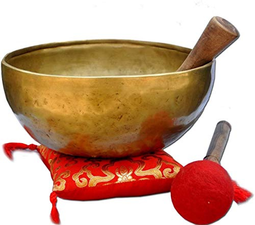 Cuencos tibetanos antiguos del Himalaya, de metal martilleado, con mazo y cojín para meditación, cánticos, para la oración curativa y yoga (25,5 cm)