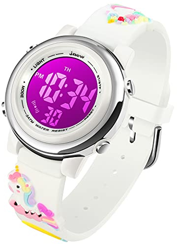 Montre pour enfants Licorne pour garçons et filles, étanche numérique - Mise à niveau 3D mignon dessin animé de plein air sports 7 couleurs LED luminescente avec chronomètre et alarme - Blanc